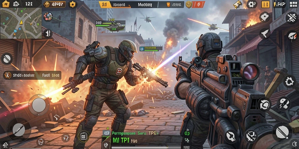 Screenshot gameplay 4P4P menunjukkan aksi tembak-menembak seru dalam mode TPS.
