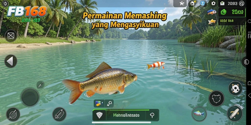 Screenshot utama FB168 menunjukkan gameplay memancing yang menegangkan dan indah.
