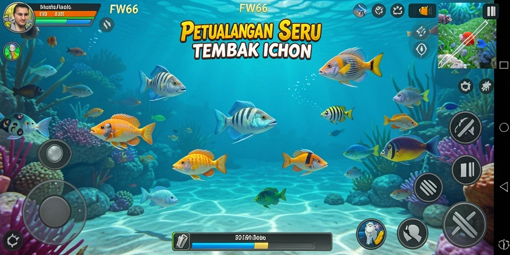 Tampilan seru gameplay Tembak Ikan FW66 dengan berbagai ikan yang menantang.