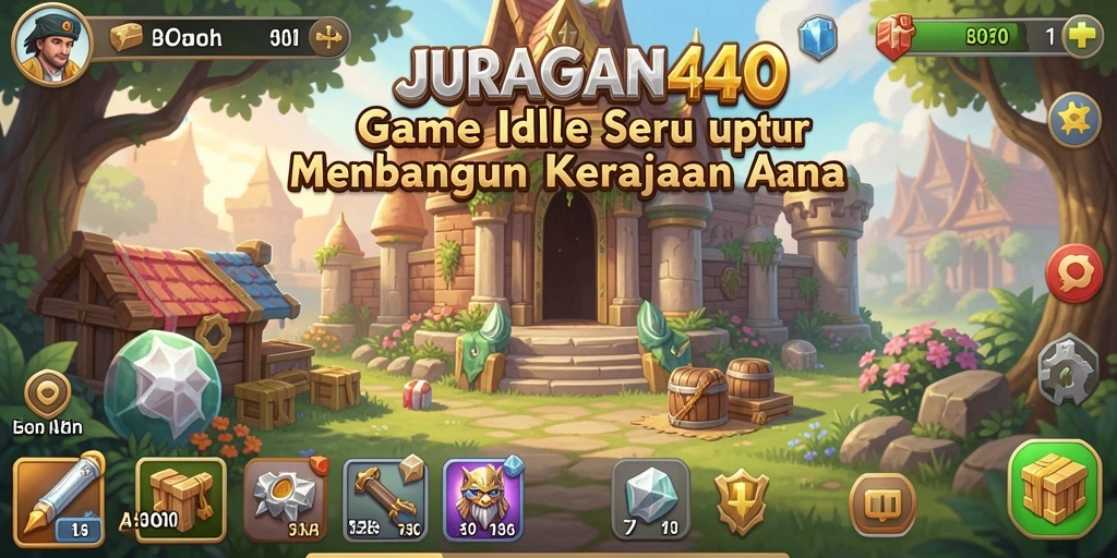 Tangkapan layar gameplay JURAGAN404 menampilkan keseruan membangun kerajaan Idle.