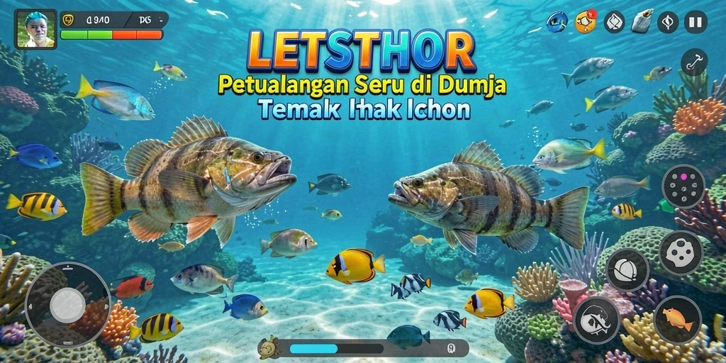 Gambar menampilkan gameplay seru LETSTHOR dengan berbagai ikan yang menunggu untuk ditembak.
