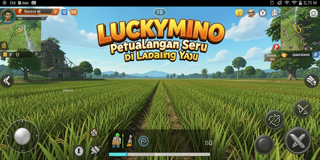 Tangkapan layar gameplay <strong>LUCKYMINO</strong> yang menampilkan ladang yang subur dan interaksi dengan hewan.