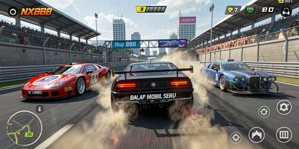 Screenshot gameplay NX888 menampilkan mobil balap melaju kencang di trek menantang.