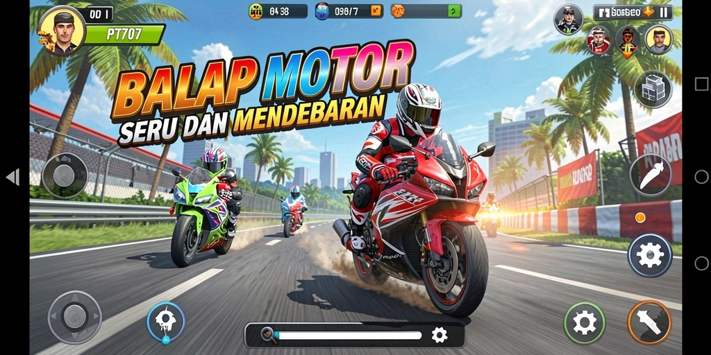 Gameplay seru di PT707 dengan balapan motor yang menegangkan.
