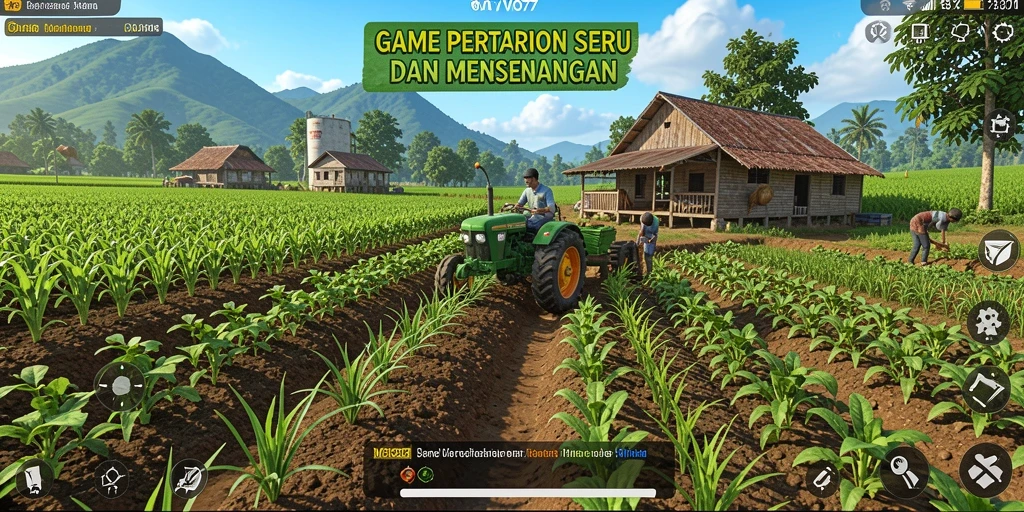 Tampilan gameplay VIO77 menampilkan lahan pertanian yang subur dan hewan yang beragam.